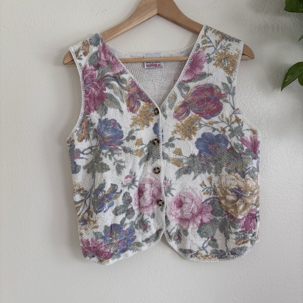 Vintage Denim Republic Floral Sweater Vest Knit Cottagecore Prairie USA Large